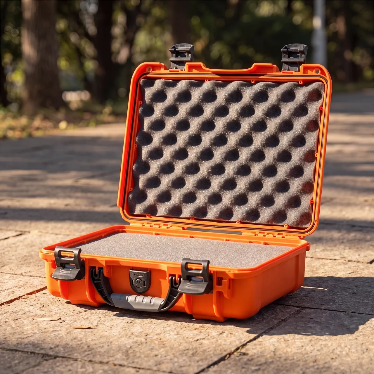 Orange NANUK 910 hard case with cubed foam
